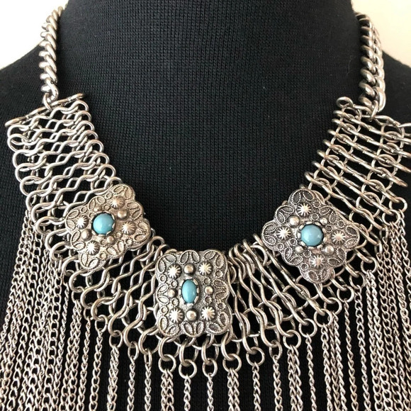 Silver tone faux turquoise multi chain necklace - Picture 2 of 7